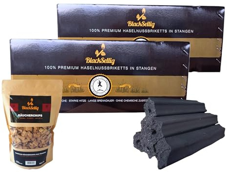 Blacksellig Haselnussbriketts 16kg – Reiner Naturbrennstoff aus der Türkei – wenig Asche, Starke Hitze, Lange Brenndauer – ohne Zusätze + 360g Smokerchips