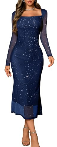 DRESSTELLS Sequin Formal Dresses for Women UK, Sparkly Long Sleeve Wedding Guest Cocktail Party Evening Gown Prom Bodycon Mesh Dress Navy S