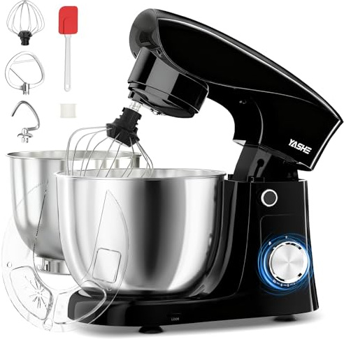 YASHE Küchenmaschine 1500W, leistungsstarke Knetmaschine mit 4,5 + 5L Edelstahlschüsseln, 10+P Geschwindigkeiten, Kippkopf, Knethaken, Rührbesen und Schneebesen