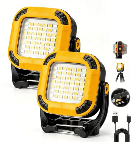 Linterna LED Recargable, Portatil Linterna Taller Mecánico, 16 Modos de Luz, Base Magnética con Gancho, Impermeable Luz de Trabajo LED para Reparación de Automóviles, Uso en Taller, Camping - 2 Piezas
