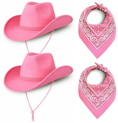 Cowboy Cowgirl Hats Pack of 2 Felt Western Unisex (2 Hats with Band and Bandanas) Texas Texan Costume Accessories for Women, Men, Adults Wild West Fancy Dress