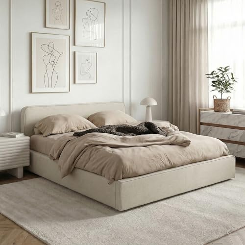 Lit Double BELARTI 140x190 cm rembourré, Revêtement en Tissu Beige, Lit Style Moderne pour 2 Personnes, Cadre de lit en Bois avec sommier Inclus