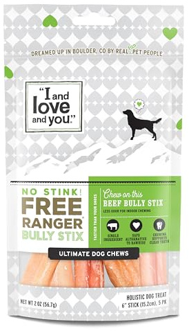 I and love and you No Stink Free Ranger Bully Stix - Beef - Rawhide Alternative, Single Ingredient, Free Range Grass Fed Beef, 6in, 5ct