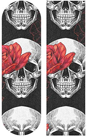 Mnsruu Skull And Red Roses Skateboard Grip Tape Sheet Scooter Deck Sand Paper 9 x 33