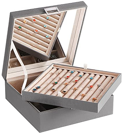 BEWISHOME Ring Organizer and Earring Box Holder - 11 Ring Slots, 25 Earring Compartments, Large Mirror, 2 Layers - Jewelry Box Tray Cufflinks Storage for Girls Women Men, Grey SSH21H