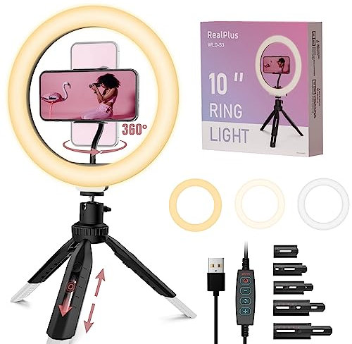 RealPlus LED Ring Light, 10 Ring Light with Tripod Stand & Phone Holder with 3 Light Modes & 10 Brightness for YouTube Video Tiktok-Gifts for Women
