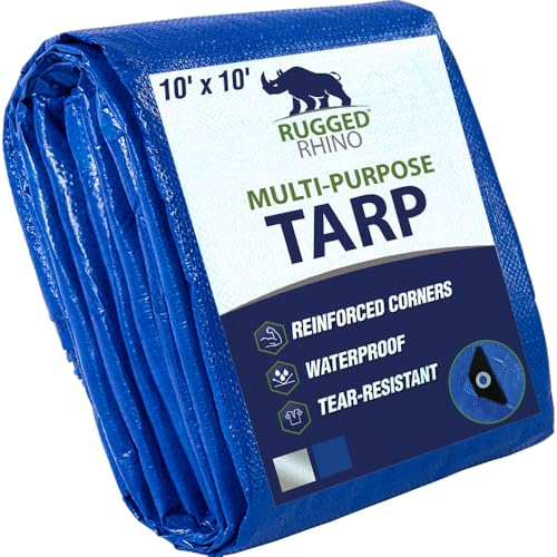 RUGGED RHINO Heavy Duty Waterproof Tarp, Reinforced Corners 1 Pk 10x10 Blue
