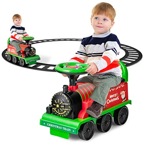 GOPLUS Kinder Elektro Zug, Kinderfahrzeug mit 16 STK. Schiene Set, 6V Kinder Aufsitz mit Licht, Musik, Zugpfeife & Stauraum, Elektro Kinderauto für Kinder ab 3 Jahren, Belastbar bis 25 kg (Grün)