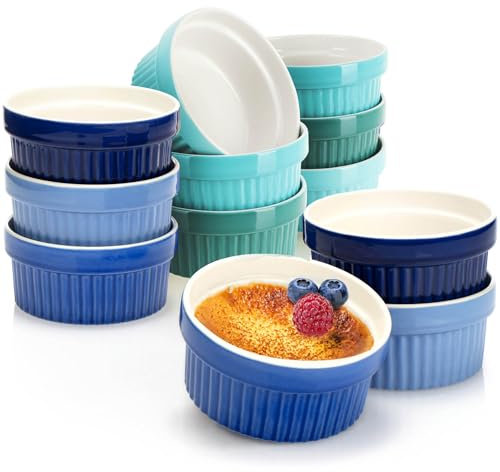 COM-FOUR® 12x stampi per soufflé - ciotole in ceramica creme brulée - stampi per forno - coppette da dessert e stampi per torte per pinna di ragù - 200 ml ciascuno - nei toni del blu e del verde
