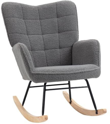 HOMCOM Wingback Rocking Chair Upholstered Glider Rocker Armchair Dark Grey | Berber Fleece, Modern, Living Room