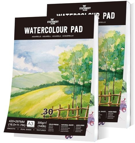 STATIONERY ISLAND Watercolour Paper A3 Pad 300gsm, Pack of 2 - Natural White 20 Sheets Glue Bound, Cold-Pressed Texture, Watercolour Sketchbook for Painting, Drawing and Mixed Media