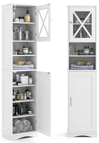 COSTWAY Bathroom Tall Cabinet, Freestanding Storage Cupboard with 5 Adjustable Shelves and 2 Doors, Wooden Tall Narrow Slim Bathroom Unit Floor Cabinet for Living Room Hallway, 40x30x170cm (White)