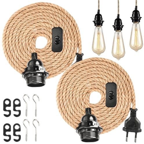 GOMETY 2 Pezzi Lampada A Sospensione Con Interruttore E Spina, Attacco E27, Cavo In Corda Di Canapa Da 4,5M, Marrone, Lampada Vintage, Lampada A Pendolo