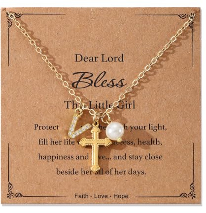Initial Necklaces for Girls, Cross Pearl Necklace Baptism Gifts for Daughter, First Communion Confirmation Christening Christian Religious Easter Gift Cross Faith Necklace for Teenagers (V)