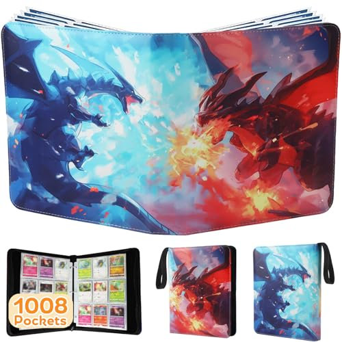 Raccoglitore di carte con 9 tasche, porta carte da 1008 con 56 maniche rimovibili, libro sportivo con cerniera a 3 anelli compatibile con TCG, MTG e carte da gioco, album da collezione di carte