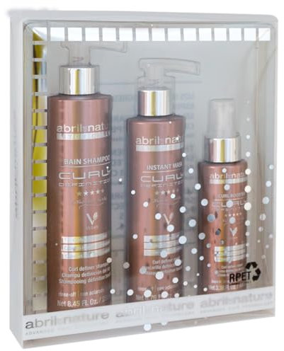 abril et nature - Routine Cheveux Bouclé, Curly Definition Pack, Définition et Réparation, Protection Chaleur, Set Shampooing, Masque et Sérum, Coffret Cheveux Bouclés ou Ondulés, 550 ml