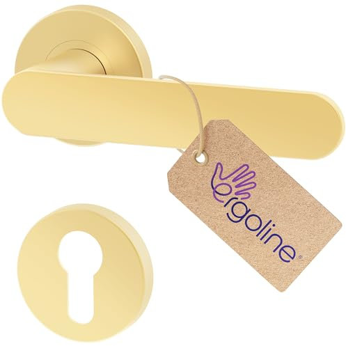 ERGO line PRIMA Poignée de porte d'intérieur, dorée, pour portes équipées d'une serrure à cylindre, paire de poignées de porte sur rosaces rondes, or mat, garnitures de porte, poignée