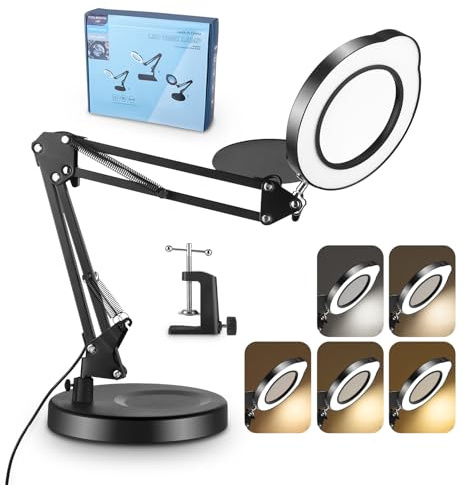 15X Lente Ingrandimento con luce e supporto, lampada d'ingrandimento a LED con morsetto,5 Colore,10 Luminosità,braccio girevole a 360° lampada con lente d'ingrandimento per Lettura,Riparazione(BL)