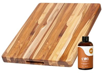 Teakhaus Carving Board and Cutting Board Oil Set - Includes Medium (M) Wood Cutting Board with Grip Handles and EON Food Grade Mineral Oil - Knife-Friendly - FSC Certified