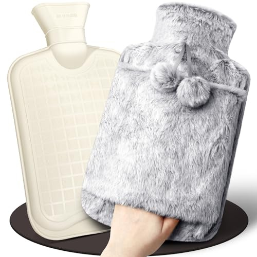 Bouillotte Eau Chaude, 2L Grande Bouillotte Moelleuse avec Poche Kangourou, Bouillottes Avec Housse Premium Douce et Molletonnée, Bouillotte Chaude Chauffe Main/Cou/Ventre, Bouillote Antifuite