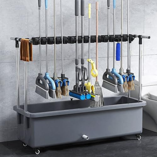 LIPJIA Support de Balai Support pour Balai et serpillière, Organiseur de Produits de Nettoyage avec Pince, Crochet Pliable, Drain et Chariots de Nettoyage pour Garage, Jardin, Placard et Armoire