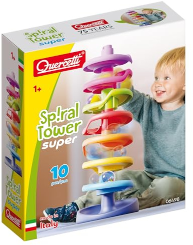 QUERCETTI Spiral Tower Super, Pista Biglie per Bambini con 7 Spirali e 1 Base Stabile, Gioco Educativo per Bambini 1+, Stimola Coordinazione e Motricità Fine, Giocattolo Creativo in Multicolore
