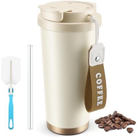 Sommdiy Coffee Cup Travel Mug, 500ml Insulated Coffee Cups Leak Proof, Stainless Steel Thermal Cup with Lid and Reusable Straw, Large Portable Reusable Flask Travel Mugs for Hot Cold Drink (White)