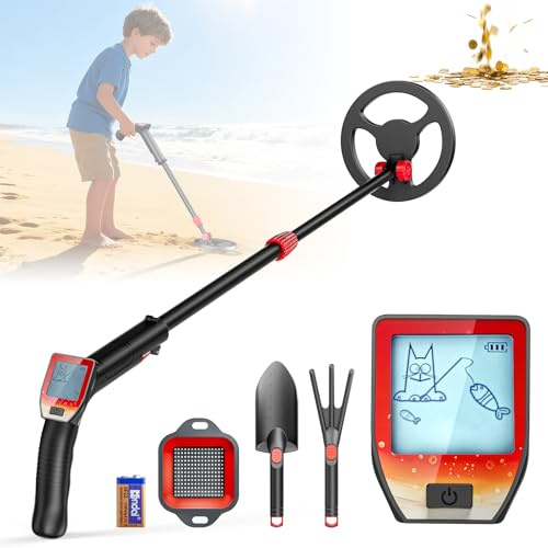 Detecteur Metaux Enfant, Léger Detecteur de Metaux Enfant avec Tige Réglable de 66 à 83 cm, écran LCD et Disque de Recherche étanche, Détecteurs de Métaux pour Enfants avec Pelle, Râteau et Tamis