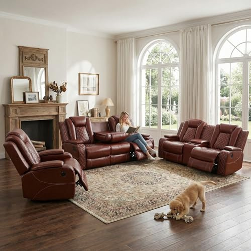 GEBADOL Power Recliner Sectional Couch with LED, Leather Reclining Sofa for Living Room, Muti-Functional Recliner Corner Sofa with Storage Console/Cup Holders/USB Ports (Dark Red, 3 Pieces)