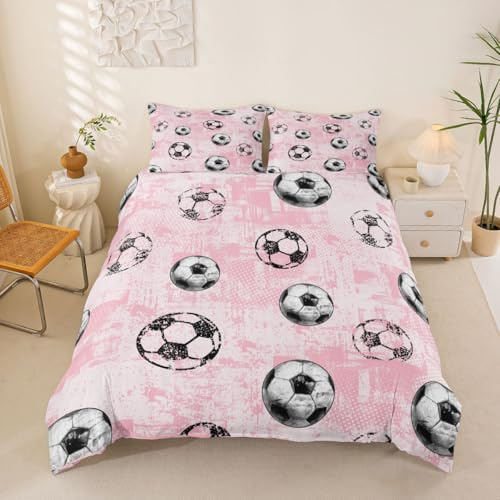 Loussiesd Set di biancheria da letto con copripiumino 3D a tema calcio, per ragazzi e ragazze, per ragazzi e ragazze, tema sportivo, decorazione per camera da letto, 2 pezzi, chiusura a cerniera, con