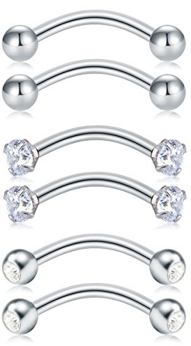 MODRSA Acero quirúrgico 16G Curved Barbell Piercing Labio Ceja Ombligo Anillo Helix Tragus Daith Oreja Piercing 6 Piezas