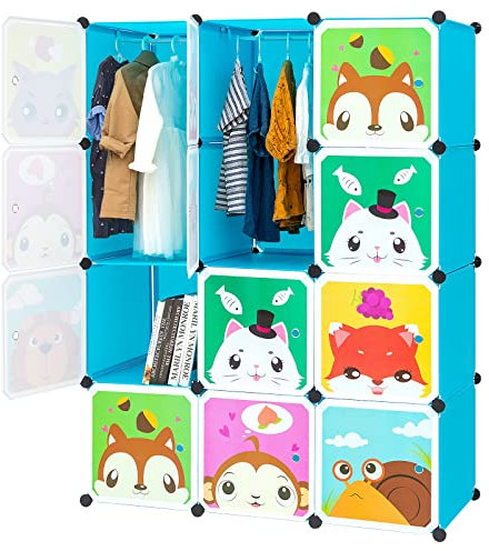 BRIAN & DANY Erweiterbares Kinderregal Kinder Kleiderschrank Stufenregal Bücherregal mit Türen & 2 Aufhängern, tiefere Fächer als normal (45 cm vs. 35 cm), 110 x 47 x 147 cm Blau