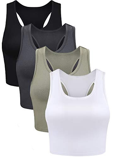 4 Stück Basic Crop Tank Tops Ärmelloses Racerback Crop Sport Baumwoll Top für Damen (Schwarz, Weiß, Grau, Olivgrün, Medium)
