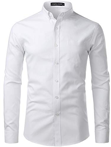 PARKLEES Men's Slim Fit Long Sleeve Smart Casual Button Down Oxford Shirts PZ111 White M