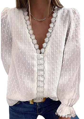 Bipily Camiseta para Mujer Blusa de Encaje con Cuello en V de Gasa Manga Larga Elegante y Básica Color Sólido Tops(Blanco,S)