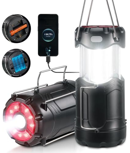 2 Pack Collapsible LED Camping Lantern, Consciot USB C Rechargeable and Battery Powered 2-in-1 Emergency Light with Flashlight and Magnetic Base, Power Outages Hurricane Supplies Survival Kits,Black