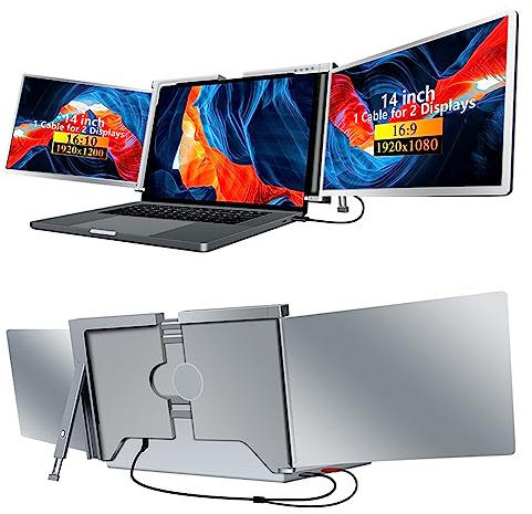 Docooler 14-Zoll-Dreifacher Tragbarer Monitor, 1920 * 1080/1200P FHD IPS-Tri-Screen Monitor Screen Extender, HDMI/USB/Typ-C-Plug-and-Play-Gaming-Computermonitor mit 1 Kabel für 15-17,3-Zoll-Laptop