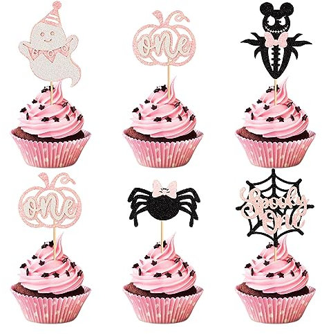 Keaziu 25PCS Spooky One Halloween Cupcake Toppers Ghost Pumpkin One Spooky One Cupcake Picks Spider Baby Shower Halloween Girl Kids First Birthday Party Decorations Supplies Pink