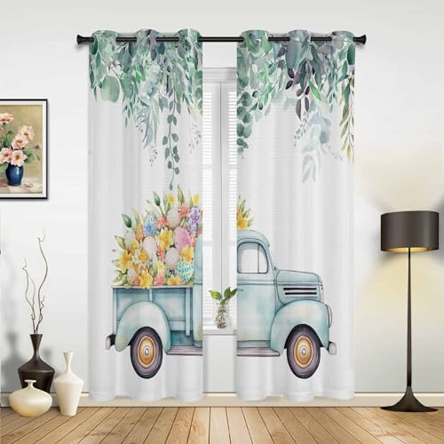 Easter Curtains Panels for Living Room Truck with Eggs Spring Flowers Eucalyptus Leaves Window Curtains Light Filtering Grommet Top Drapes for Bedroom Sliding Glass Door-2 Panels, 84 W by 84 L