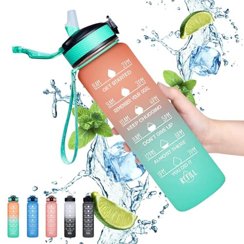 Gaiayhc Bouteille d'eau de sport – Bouteille de motivation de 1 L avec marqueur de temps et paille, design anti-fuite pour randonnée, gym, fitness, cyclisme, école et bureau