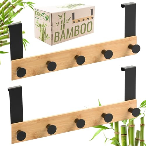 RICOO Dörrgarderob MH029N-5x2, miljövänlig kroklist för upphängning, 5 stålkrokar, bambulist, dörrmontering utan borrning, dörrkrokar för jackor, väskor, 32 x 13 x 6,6 cm, natur och svart