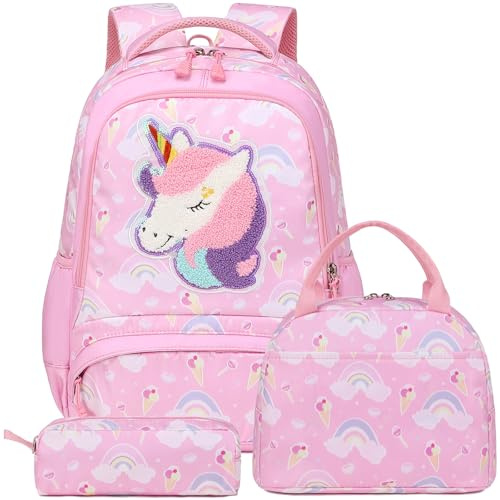 Kimwadalh Sac à Dos Fille Cartable Primaire avec Broderie Licorne Sets Scolaires Enfant CE1 CE2 + Isotherme Panier Repas + Trousse