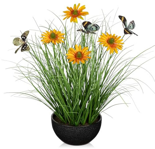 Oairse Artificial Plants Indoor with Pot 17.3 Fake Potted Plants Artificial Onion Grass Plant with Yellow Daisies Flowers, Butterflies Small Faux Plant Indoor for Home Living Room Table Shelf Decor