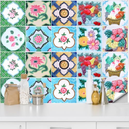 QUCUMER 20 Stück Fliesenaufkleber 15x15CM Klebefliesen Bunt Fliesen Sticker Selbstklebend Fliesensticker Fliesenfolie Wasserfest Mosaikfliesen Marokkanischer Fliesen Aufkleber für Küche Bad Deko