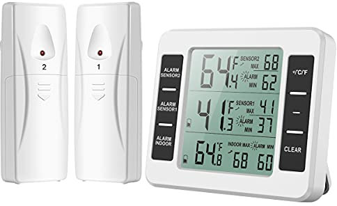 OQIMAX Thermomètre Congélateur, Thermomètre Frigo avec Alarme Congelateur, Thermomètre Intérieur sans Fil avec 2 Capteurs, MIN/MAX et Alarme Température, Thermometre Réfrigérateur Connecté pour Maison