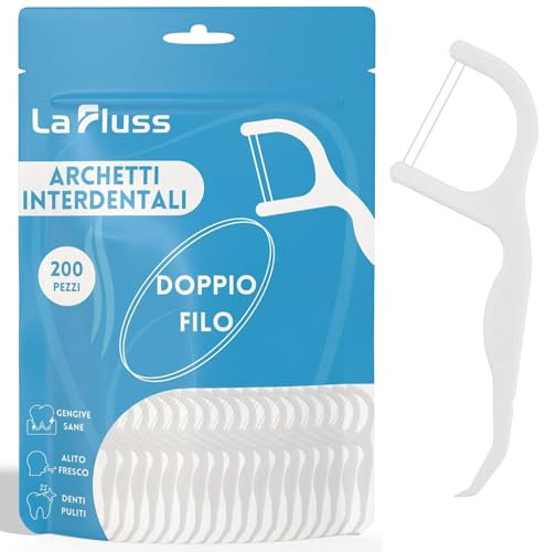 200 Stück Zahnseide mit doppelter Linie La Fluss, Interdentalbögen, Zahnseidegabel, wiederverschließbare Verpackung