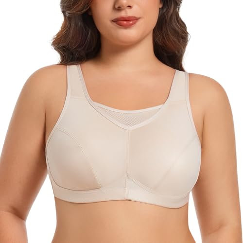 Ayigedu Women's Full Coverage Sports Bra Plus Size Wirefree Non Padded Comfort Bra 38E Beige