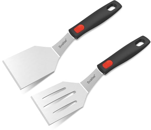 Svailse 2Pcs Stainless Steel Spatula Set, Metal Turners for Kitchen Use, Metal Cooking Utensils for Cast Iron Skillet with Silicone Handle, Spatula Flipper for Frying Egg, Brownie, Cookies or Pancake