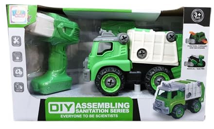 DIY Assembly Garbage Truck Toy with Electric Screwdriver, Educational Construction Vehicle Set for Children 3+, Green and White