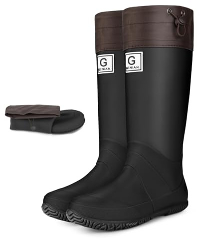 UK 6.5 WOMEN’s Foldable Mid Calf Wellies Rain Boots- Rubber Boot with Adjustable Cuff Drawtring Anti Slip Lightweight Wellington Boots Full Length Knee High for Festival & Gardening Outdoor Work Black
